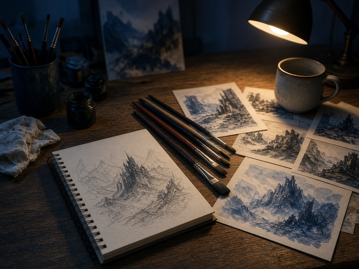 Pinceaux et carnet de croquis sur une table de studio