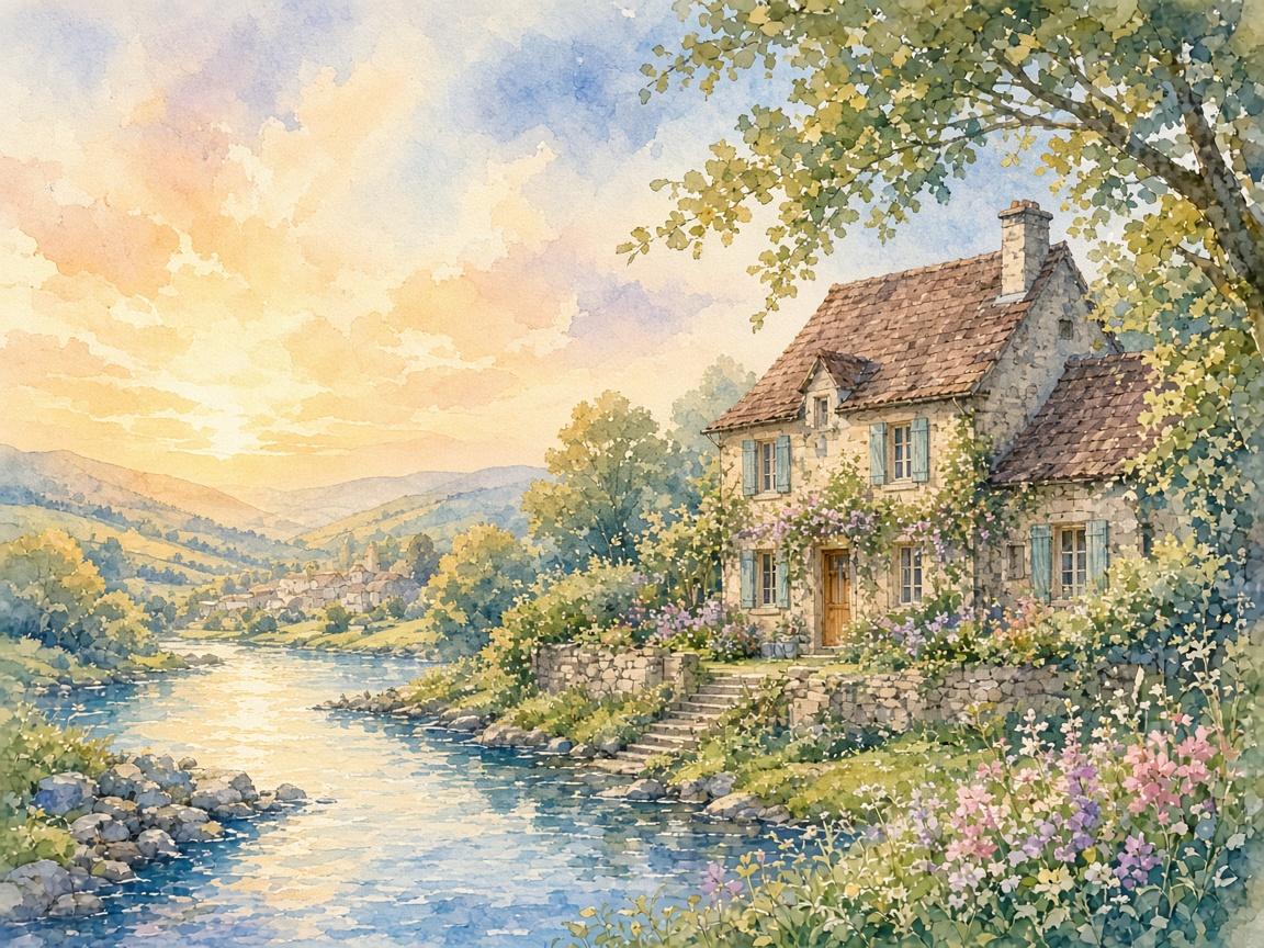 Maison au bord d’une rivière, aquarelle douce